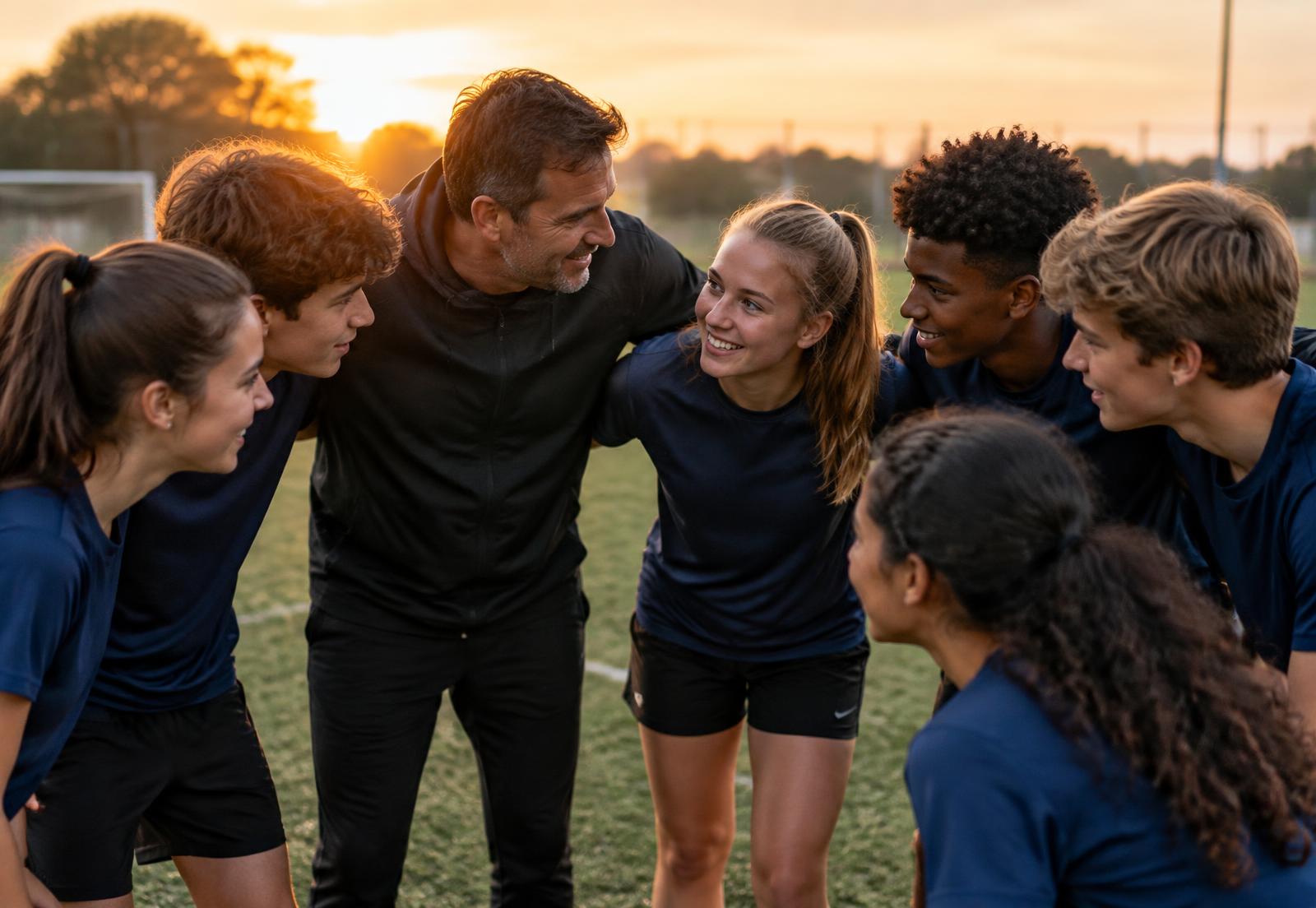 Youth team and coach in a huddle at training
